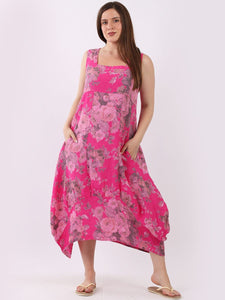Italian Square Neck Soft Floral Fuschia Linen Dress Sz 10-16