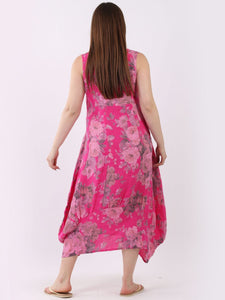 Italian Square Neck Soft Floral Fuschia Linen Dress Sz 10-16