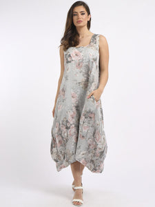 Italian Square Neck Soft Floral Light Grey Linen Dress Sz 10-16