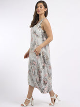 Load image into Gallery viewer, Italian Square Neck Soft Floral Light Grey Linen Dress Sz 10-16
