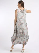 Load image into Gallery viewer, Italian Square Neck Soft Floral Light Grey Linen Dress Sz 10-16
