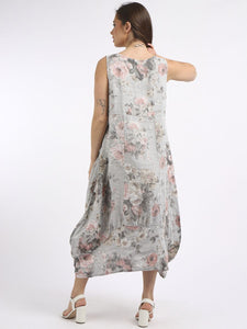 Italian Square Neck Soft Floral Light Grey Linen Dress Sz 10-16
