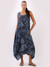 Load image into Gallery viewer, Italian Square Neck Soft Floral Navy Linen Dress Sz 10-16
