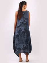 Load image into Gallery viewer, Italian Square Neck Soft Floral Navy Linen Dress Sz 10-16
