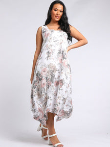 Italian Square Neck Soft Floral White Linen Dress Sz 10-16