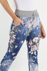Italian Stretch Cotton Trousers Floral Blue