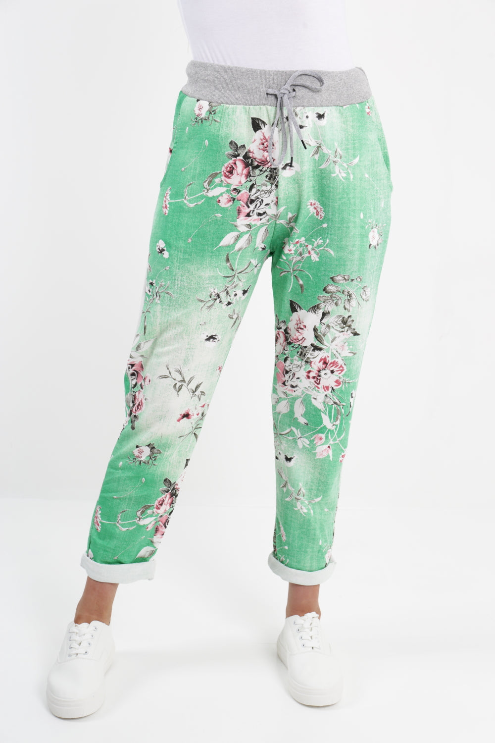 Italian Stretch Cotton Trousers Floral Green