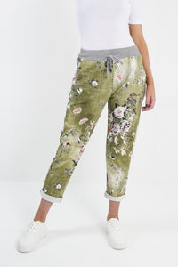 Italian Stretch Cotton Trousers Floral Olive