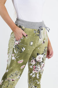 Italian Stretch Cotton Trousers Floral Olive