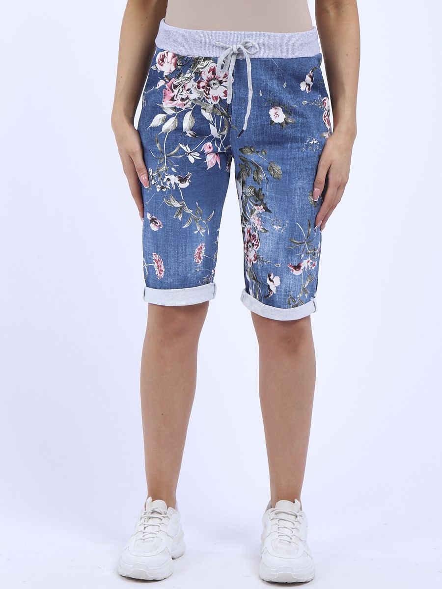 Italian Stretch Cotton Shorts Floral Blue