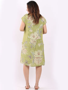 Italian Slim Fit Soft Floral Lime Linen Dress Sz 8-14