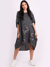 Load image into Gallery viewer, Italian Linen Floral Tunic Dress Charcoal Free Size
