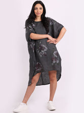 Load image into Gallery viewer, Italian Linen Floral Tunic Dress Charcoal Free Size

