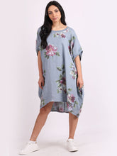 Load image into Gallery viewer, Italian Linen Floral Tunic Dress Denim Free Size
