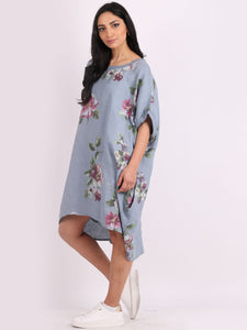 Italian Linen Floral Tunic Dress Denim Free Size