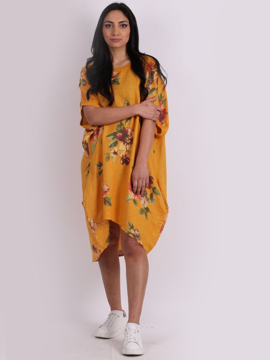 Italian Linen Floral Tunic Dress Saffron Free Size