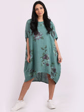 Load image into Gallery viewer, Italian Linen Floral Tunic Dress Ocean Green Free Size

