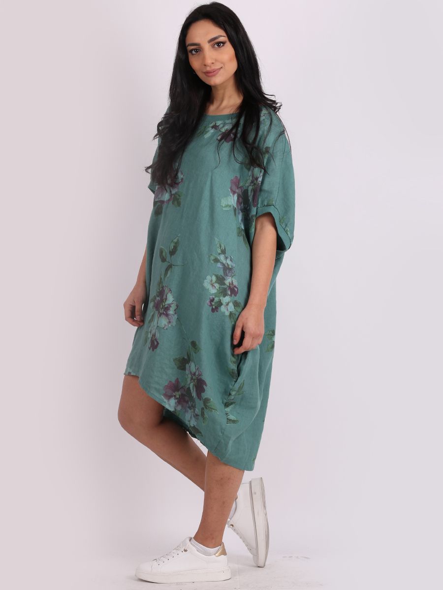 Italian Linen Floral Tunic Dress Ocean Green Free Size