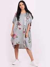 Load image into Gallery viewer, Italian Linen Floral Tunic Dress Silver Free Size
