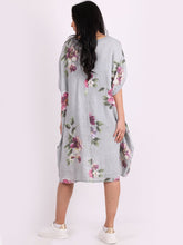 Load image into Gallery viewer, Italian Linen Floral Tunic Dress Silver Free Size
