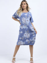 Load image into Gallery viewer, Italian Straight Shift Pastel Floral Periwinkle Linen Dress Sz 12-18
