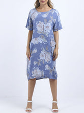 Load image into Gallery viewer, Italian Straight Shift Pastel Floral Periwinkle Linen Dress Sz 12-18
