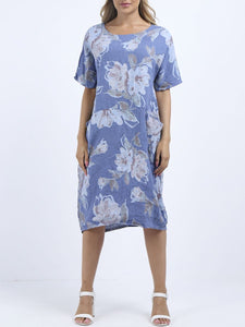 Italian Straight Shift Pastel Floral Periwinkle Linen Dress Sz 12-18