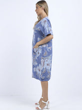 Load image into Gallery viewer, Italian Straight Shift Pastel Floral Periwinkle Linen Dress Sz 12-18
