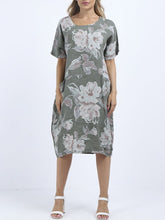 Load image into Gallery viewer, Italian Straight Shift Pastel Floral Khaki Linen Dress Sz 12-18
