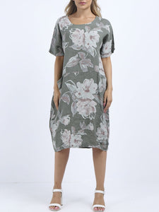 Italian Straight Shift Pastel Floral Khaki Linen Dress Sz 12-18