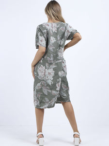 Italian Straight Shift Pastel Floral Khaki Linen Dress Sz 12-18