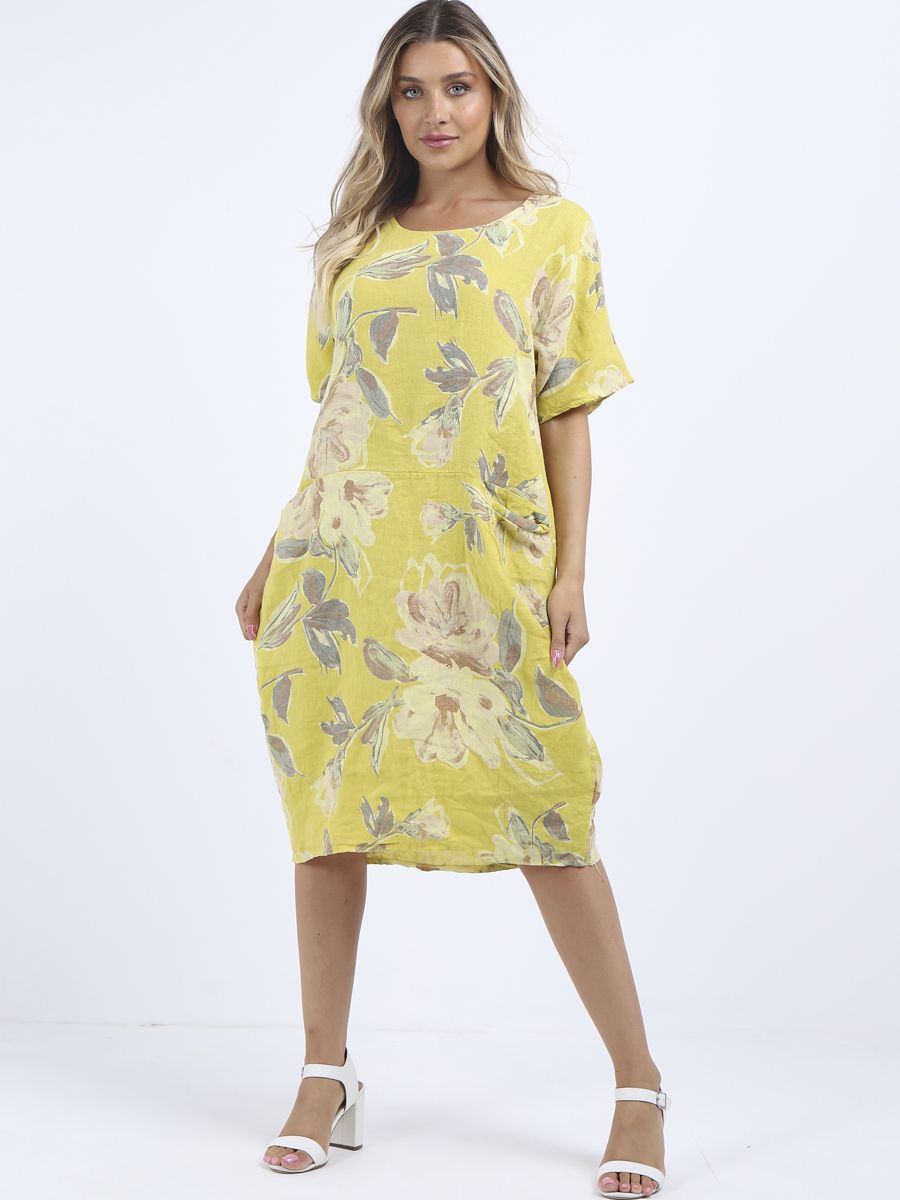 Italian Straight Shift Pastel Floral Soft Mustard Linen Dress Sz 12-18