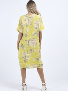 Italian Straight Shift Pastel Floral Soft Mustard Linen Dress Sz 12-18