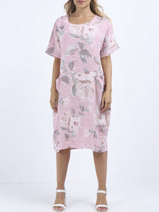 Italian Straight Shift Pastel Floral Pink Linen Dress Sz 12-18