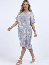 Load image into Gallery viewer, Italian Straight Shift Pastel Floral Silver Linen Dress Sz 12-18
