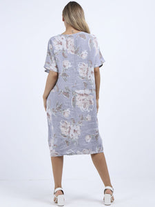Italian Straight Shift Pastel Floral Silver Linen Dress Sz 12-18