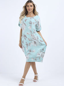 Italian Straight Shift Pastel Floral Tiffany Linen Dress Sz 12-18