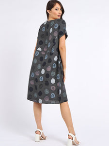 Italian Classic Shift Polka Dot Charcoal Linen Dress Sz 10-16