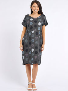 Italian Classic Shift Polka Dot Charcoal Linen Dress Sz 10-16