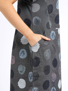 Italian Classic Shift Polka Dot Charcoal Linen Dress Sz 10-16