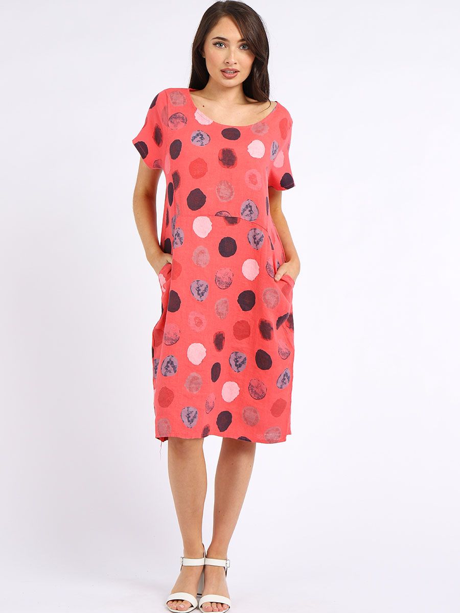 Italian Classic Shift Polka Dot Coral Linen Dress Sz 10-16