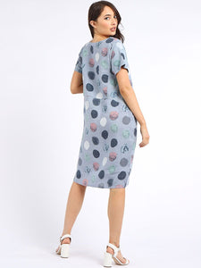 Italian Classic Shift Polka Dot Denim Linen Dress Sz 10-16