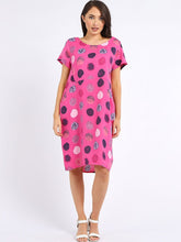 Load image into Gallery viewer, Italian Classic Shift Polka Dot Fuschia Linen Dress Sz 10-16
