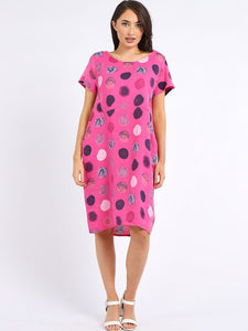 Italian Classic Shift Polka Dot Fuschia Linen Dress Sz 10-16
