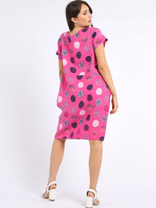 Italian Classic Shift Polka Dot Fuschia Linen Dress Sz 10-16