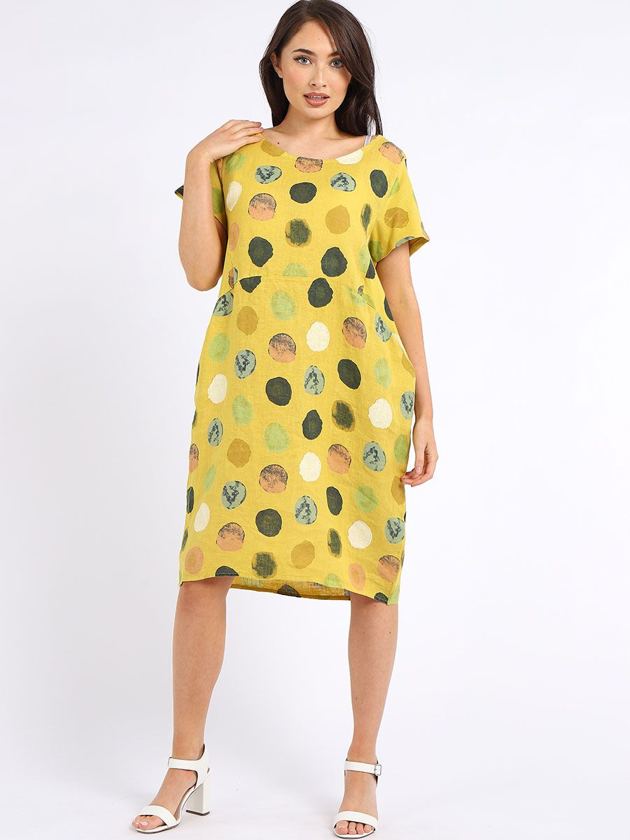 Italian Classic Shift Polka Dot Mustard Linen Dress Sz 10-16