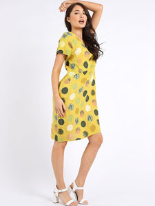Italian Classic Shift Polka Dot Mustard Linen Dress Sz 10-16