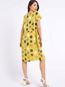 Italian Classic Shift Polka Dot Mustard Linen Dress Sz 10-16