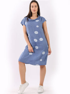 Italian Slim Fit Polka Dot Denim Linen Dress Sz 8-14
