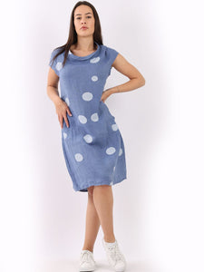 Italian Slim Fit Polka Dot Denim Linen Dress Sz 8-14